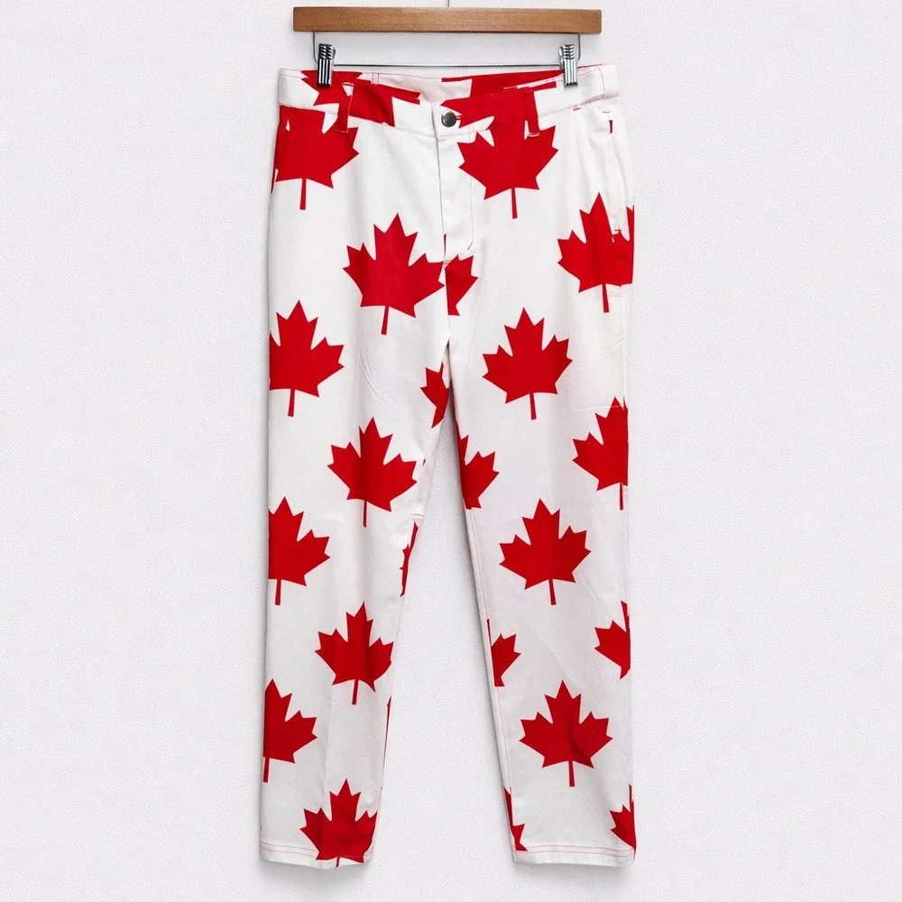 Loudmouth Golf Mens Pants 32x30 White Red Maple Leaf‎ Print Straight Leg